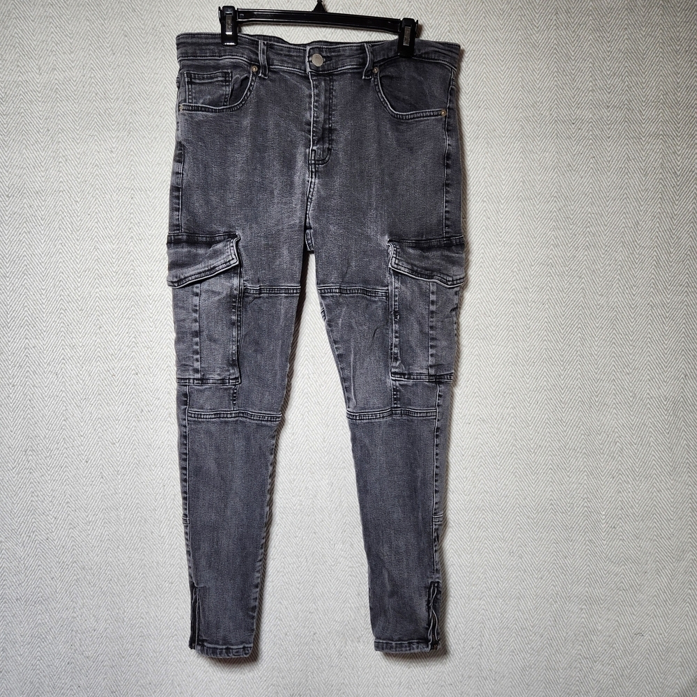 Zara Womens 36 Distressed Black/Gray Cargo Jeans Ankle Zip